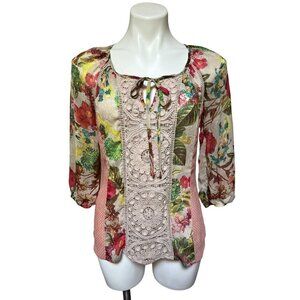 Meadow Rue Floral Boho Peasant Sheer Blouse Shirt Women's XS